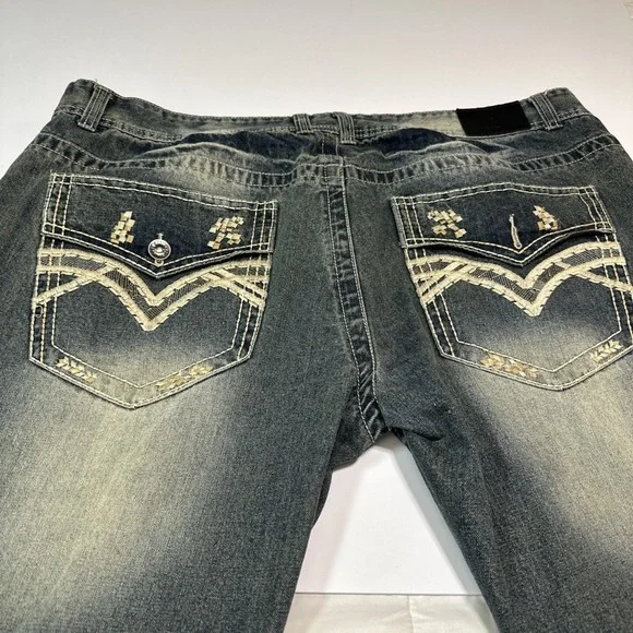 Y2K S2 Mens Wear Patch Embroidery Baggy Jeans  Hip Hop Vintage Blue Jeans 50x31 - Picture 3 of 14